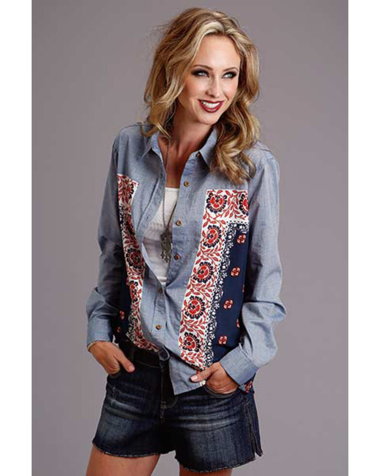 Stetson Women's Bandana Scarf Long Sleeve Button-Down Blouse Shirt , Blue, hi-res