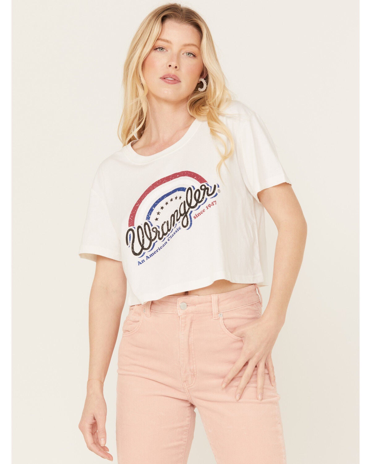 Wrangler Women's Cropped Short Sleeve Logo Graphic Tee, White, hi-res
