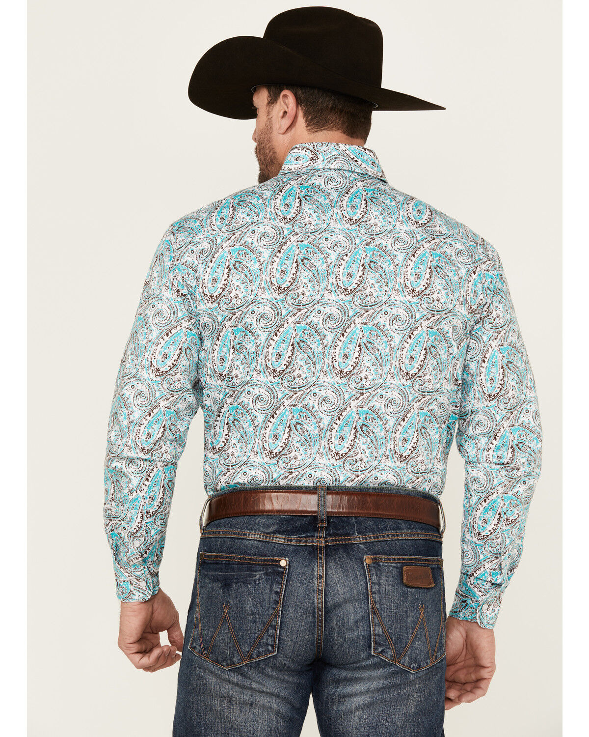 Image #4 - Rough Stock by Panhandle Men's Paisley Print Long Sleeve Pearl Snap Stretch Western Shirt, Turquoise, hi-res