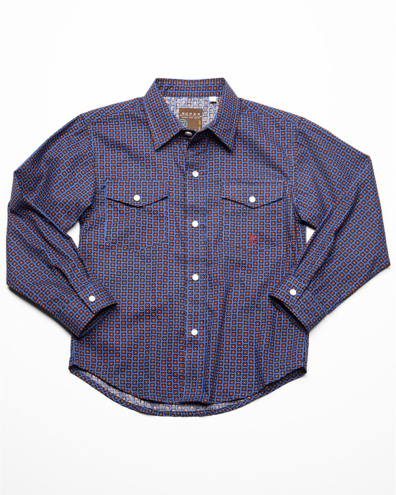 Amarillo Boys' Foulard Geo Print Long Sleeve Western Shirt , Blue, hi-res