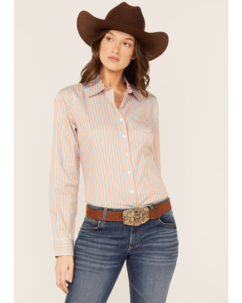 Cinch Women's Stripe Print Long Sleeve Button-Down Western Shirt, Coral, hi-res
