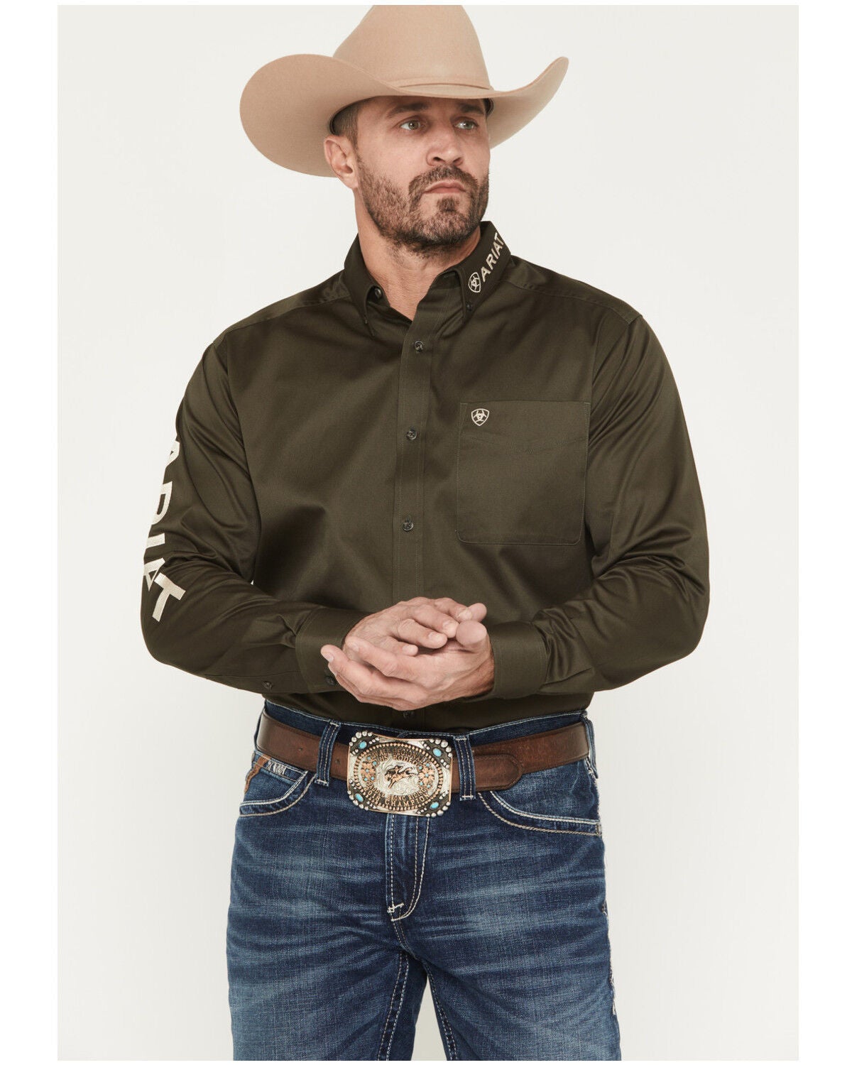 Ariat Men's Logo Solid Twill Long Sleeve Button-Down Western Shirt - Big, Olive, hi-res
