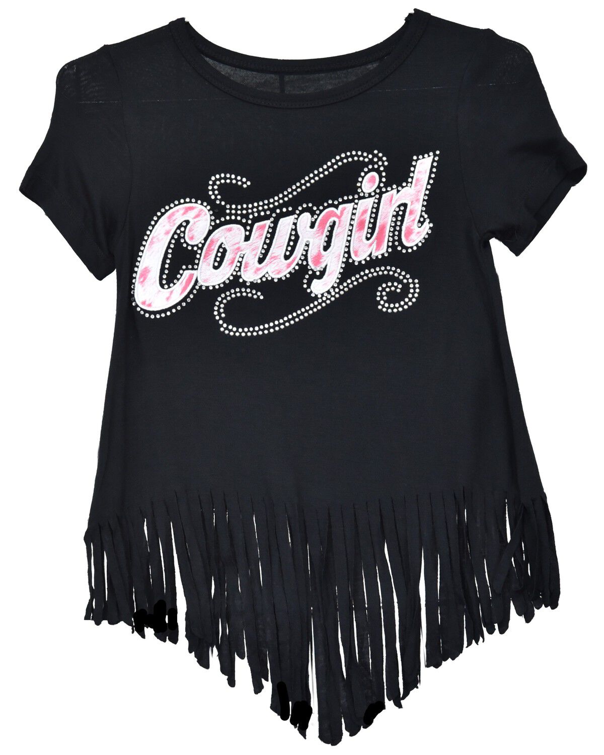 Image #1 - Cowgirl Hardware Girls' Sassy Cowgirl Embellished Fringe Short Sleeve Tee, Black, hi-res