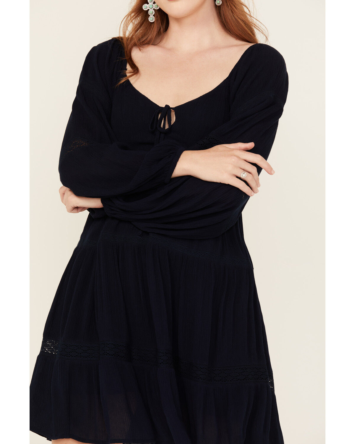 Image #3 - Jolt Women's Lace Trim Long Sleeve Tiered Mini Dress, Navy, hi-res