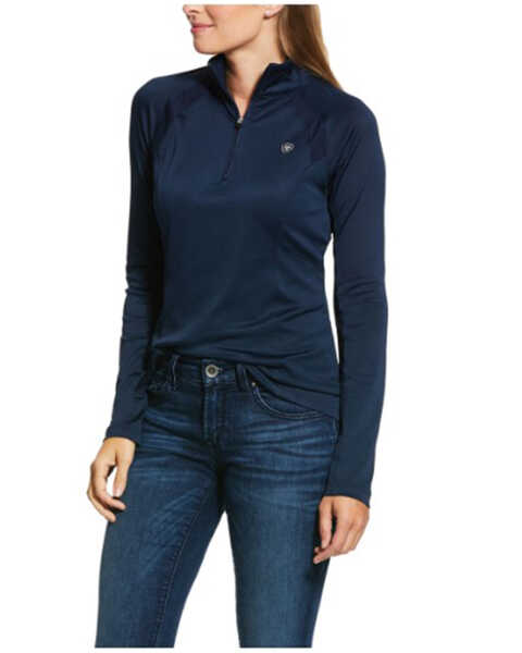 Image #1 - Ariat Women's Sunstopper 2.0 1/4 Zip Baselayer Shirt, Navy, hi-res