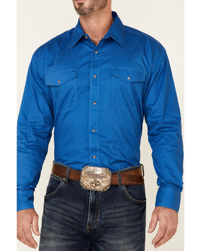Roper Men's Amarillo Collection Solid Long Sleeve Western Shirt, Blue, hi-res