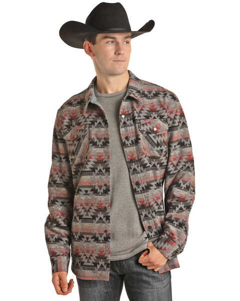 Rock & Roll Denim Men's Coral Southwestern Print Shirt Jacket , Coral, hi-res