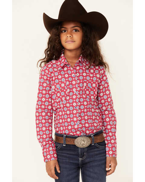 Cruel Girl Girls' Pink Medallion Geo Print Long Sleeve Snap Western Shirt , Pink, hi-res
