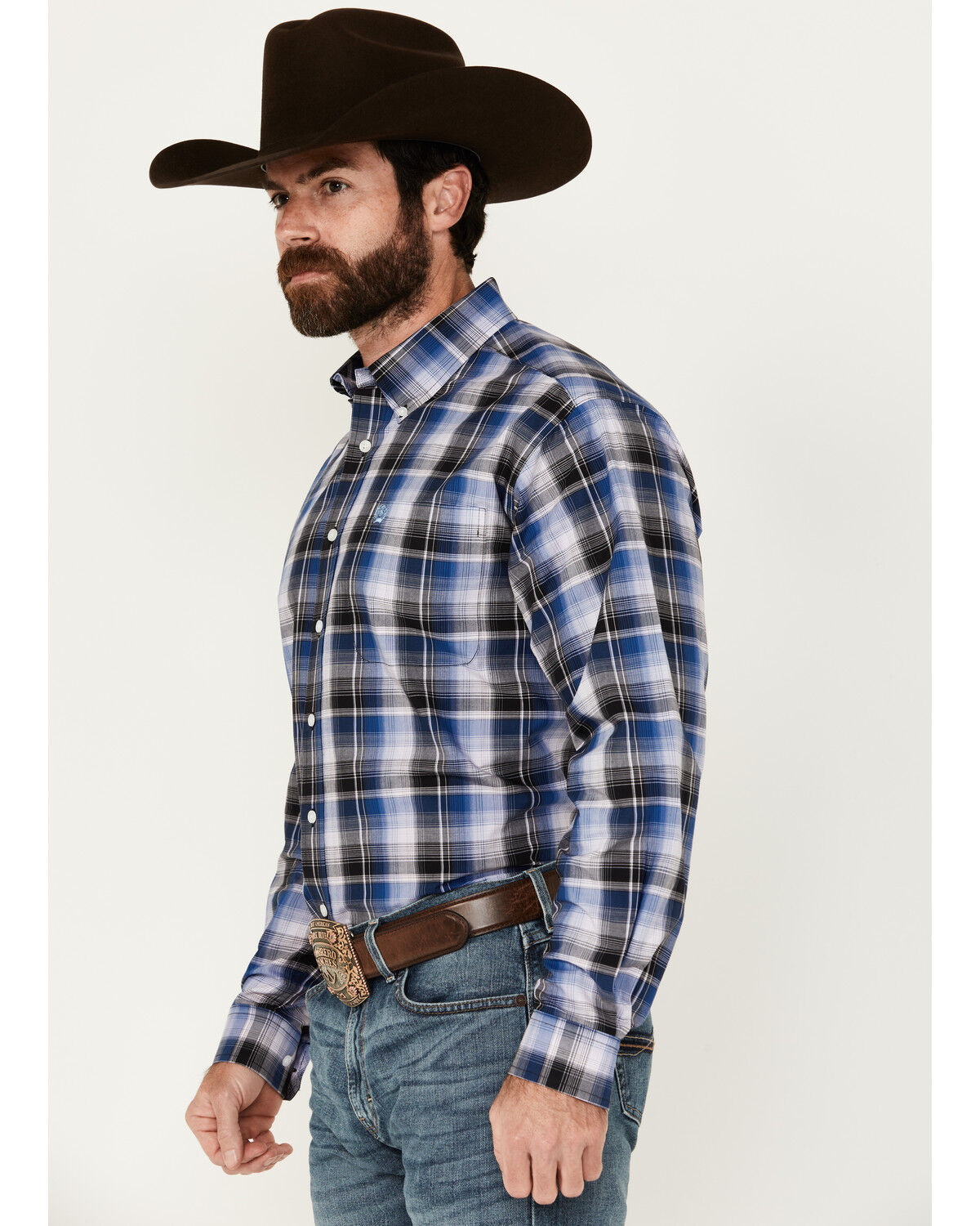 Image #3 - Cinch Men's Plaid Print Long Sleeve Button-Down Western Shirt, Blue, hi-res