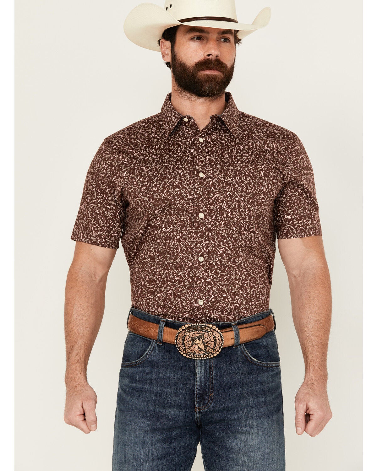 Image #1 - Cody James Men's Festive Floral Short Sleeve Button-Down Stretch Western Shirt, Brown, hi-res