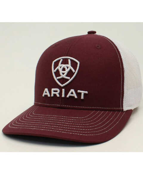 Ariat Men's Embroidered Logo Mesh Back Trucker Cap, Maroon, hi-res