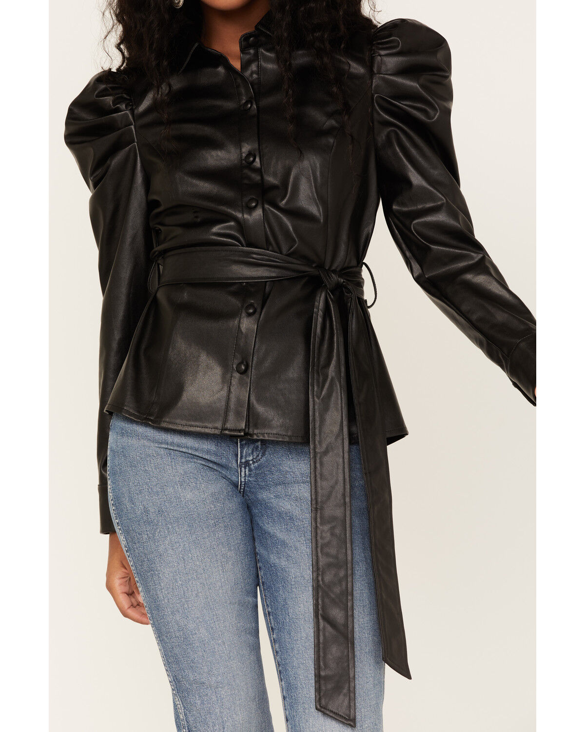Image #3 - Flying Tomato Women's Faux Leather Puff Sleeve Shirt, Black, hi-res