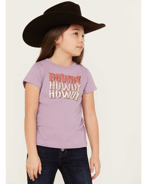 Shyanne Girls' Howdy Short Sleeve Graphic Tee, Purple, hi-res