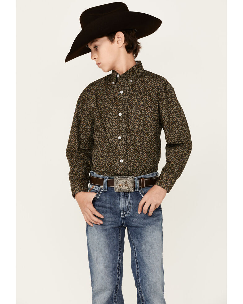 Panhandle Select Boys' Olive Novelity Print Long Sleeve Button-Down Western Shirt , Olive, hi-res