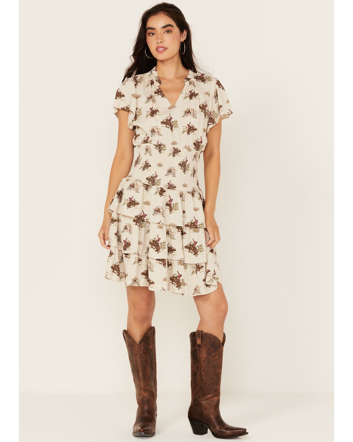 Ariat Women's Stellar Conversational Print Tiered Short Sleeve Mini Dress, Sand, hi-res