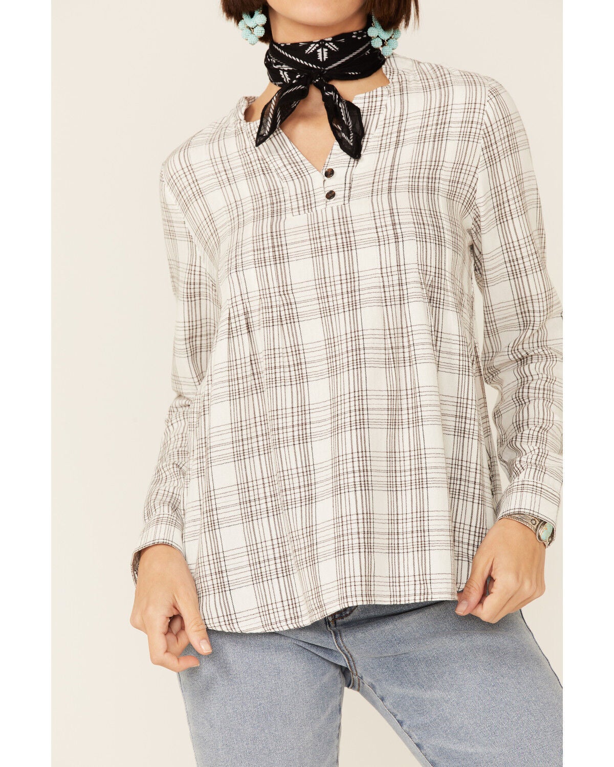 Image #2 - Shyanne Women's Ivory Plaid Shirt Tail Tunic Top, , hi-res