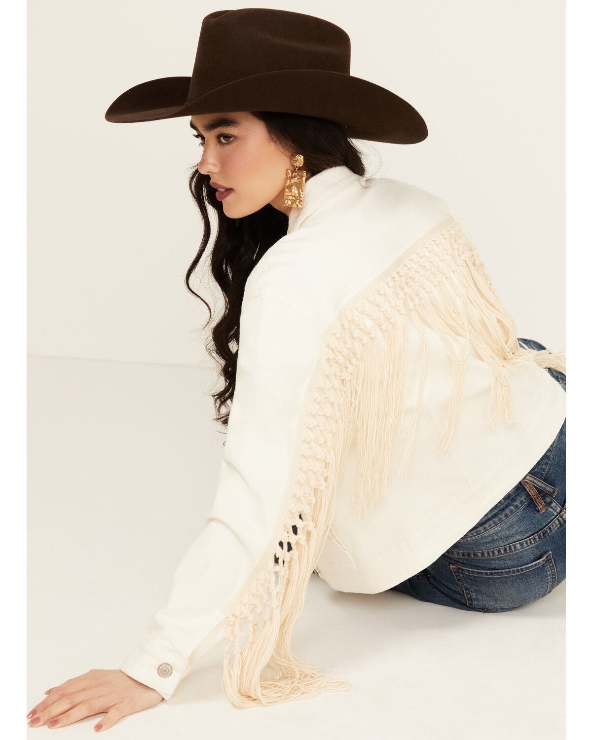 Shyanne Women's Oversized Macrame Fringe Denim Trucker Jacket, Cream, hi-res