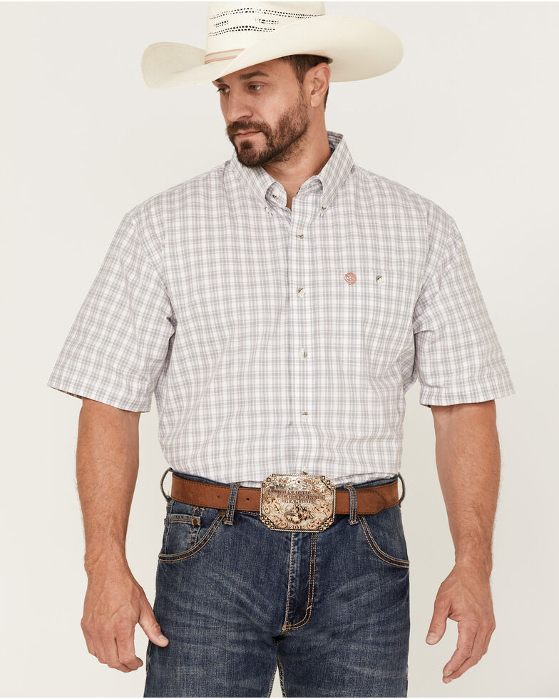George Strait By Wrangler Men's Small Plaid Button-Down Western Shirt , Rose, hi-res