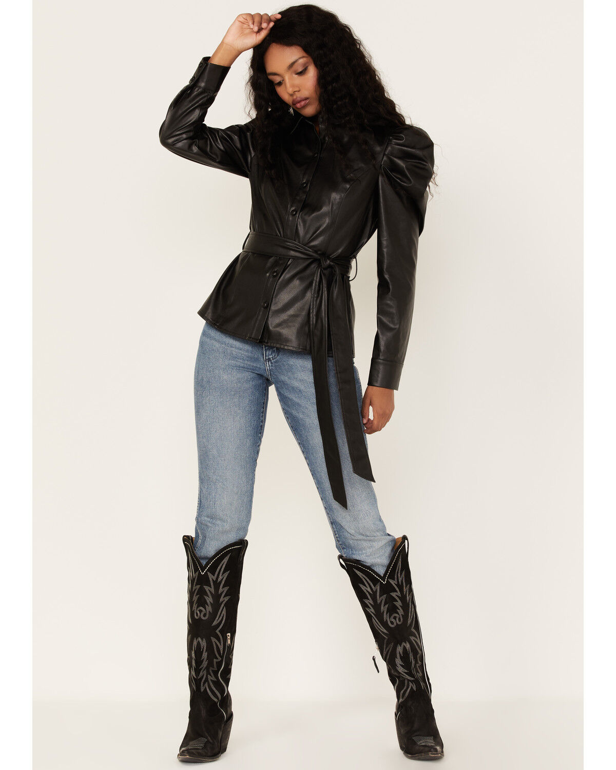 Image #2 - Flying Tomato Women's Faux Leather Puff Sleeve Shirt, Black, hi-res