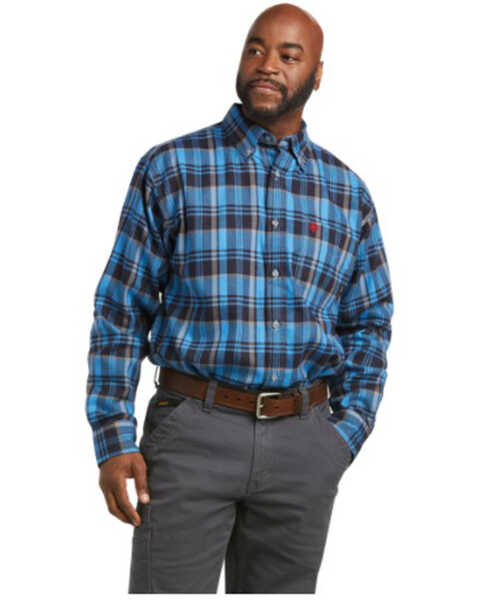 Image #1 - Ariat Men's FR Carter Plaid Print Long Sleeve Button Down Work Shirt , Black/blue, hi-res