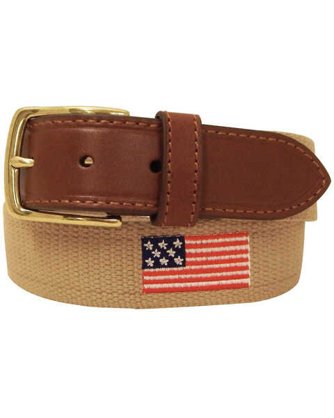 Danbury Men's Khaki American Flag Leather Belt, Khaki, hi-res