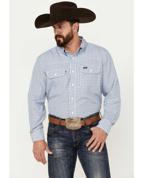 Wrangler Men's Plaid Print Long Sleeve Button-Down Western Performance Shirt, Blue, hi-res