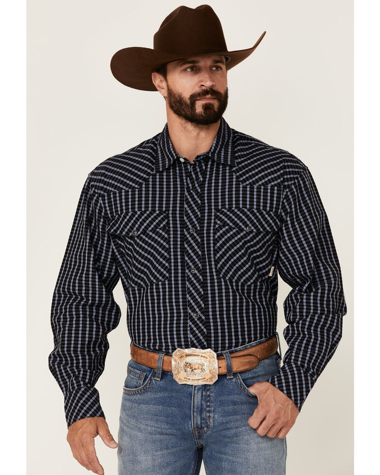 Double R By Resistol Men's Navy Addison Small Plaid Long Sleeve Snap Western Shirt , Navy, hi-res