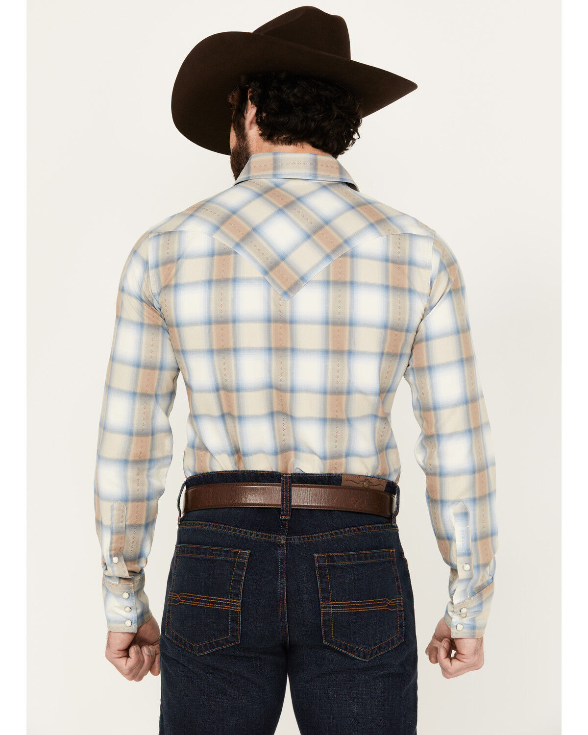 Image #4 - Stetson Men's Dobby Plaid Print Long Sleeve Snap Western Shirt, Tan, hi-res