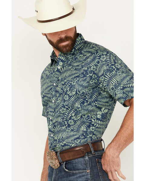 Image #2 - Roper Men's West Made Leaf and Horseshoe Print Short Sleeve Pearl Snap Western Shirt, Sage, hi-res