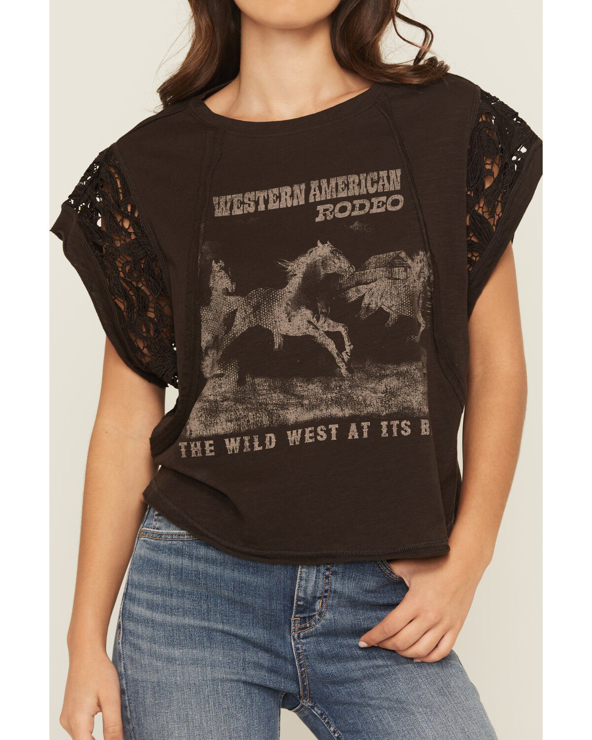 Image #3 - Originality Women's American Rodeo Lace Short Sleeve Graphic Tee, Brown, hi-res