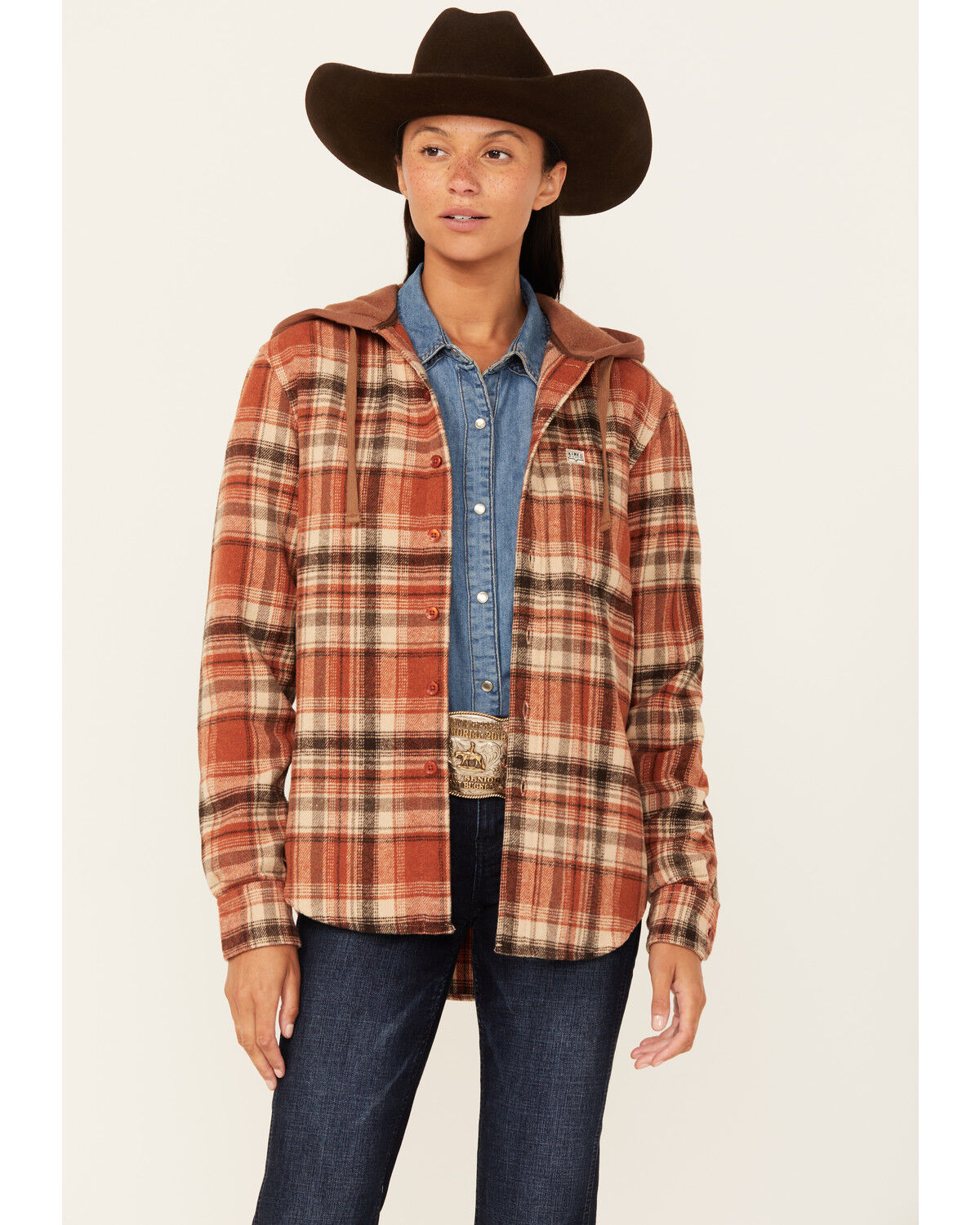 Image #1 - Kimes Ranch Delano Plaid Print Hooded Flannel Jacket, Rust Copper, hi-res