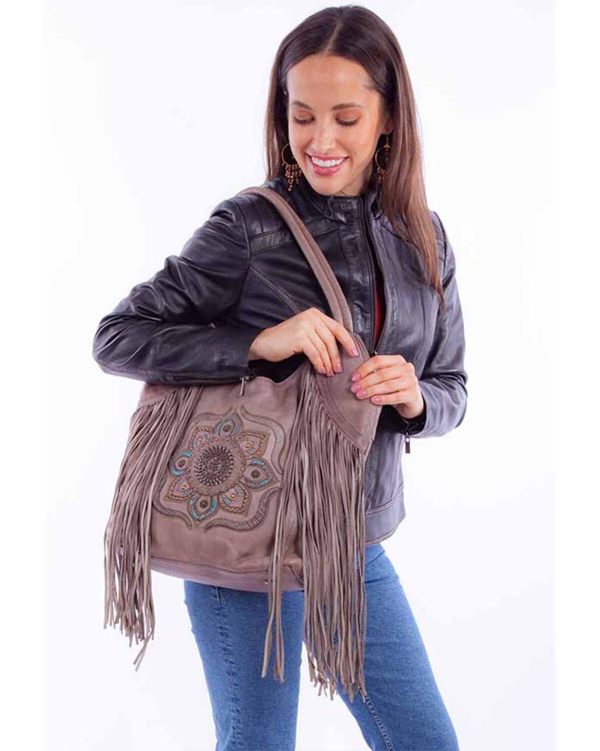 Scully Women's Floral Leather Fringe Tote, Grey, hi-res