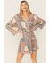 Image #4 - Lovestitch Women's Natural Periwinkle Patchwork Print Bell Sleeve Mini Dress, Periwinkle, hi-res