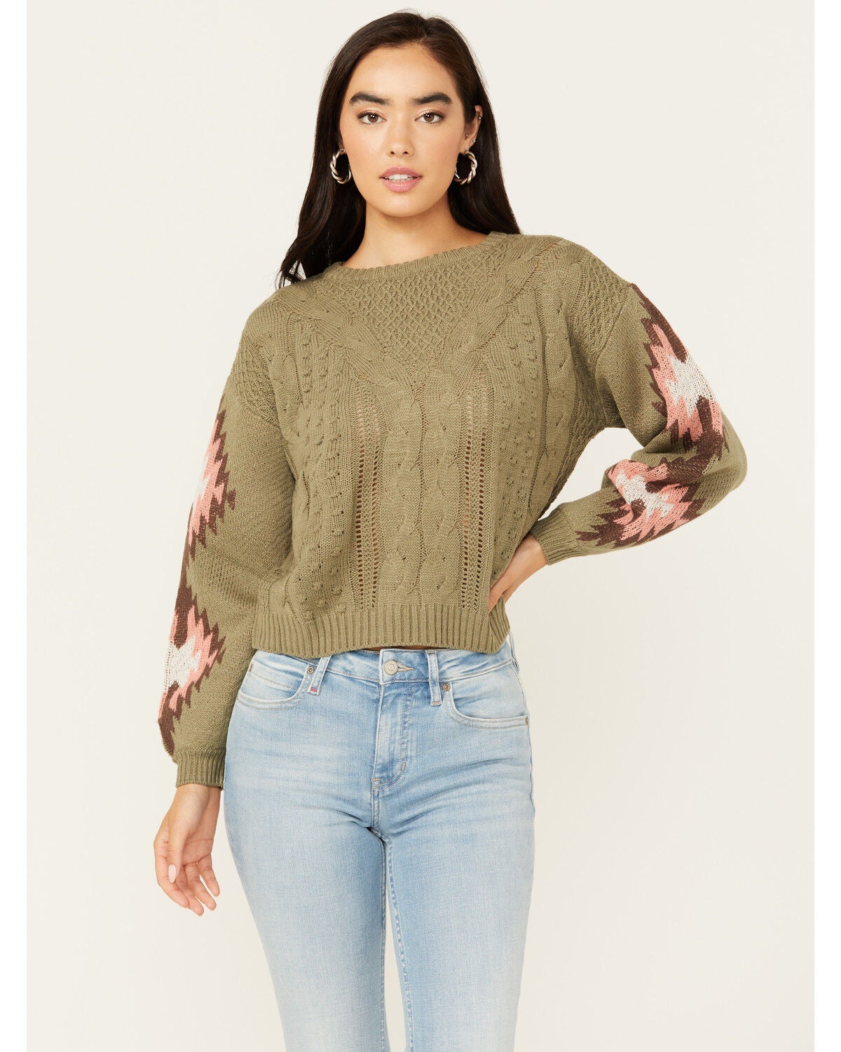 Rock & Roll Denim Women's Southwest Sleeve Long Sleeve Sweater, Olive, hi-res
