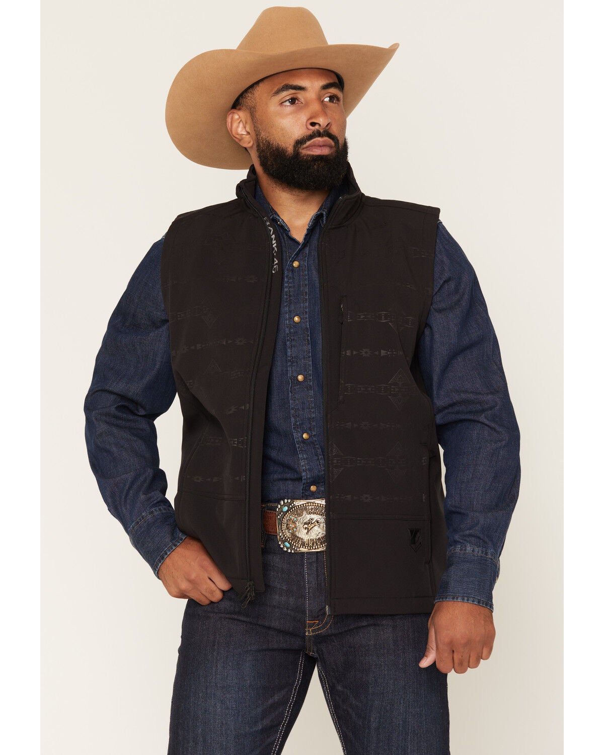 RANK 45&reg; Men's Lariat Southwestern Print Softshell Vest, Black, hi-res