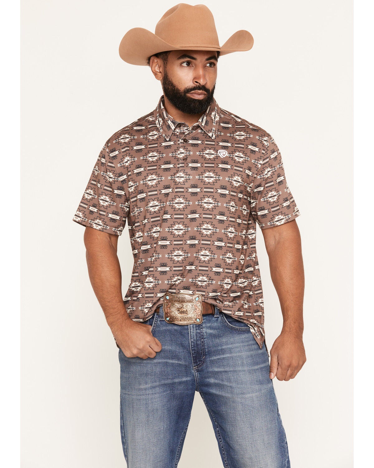Rock & Roll Denim Men's Southwestern Print Short Sleeve Button-Down Stretch Polo, Brown, hi-res