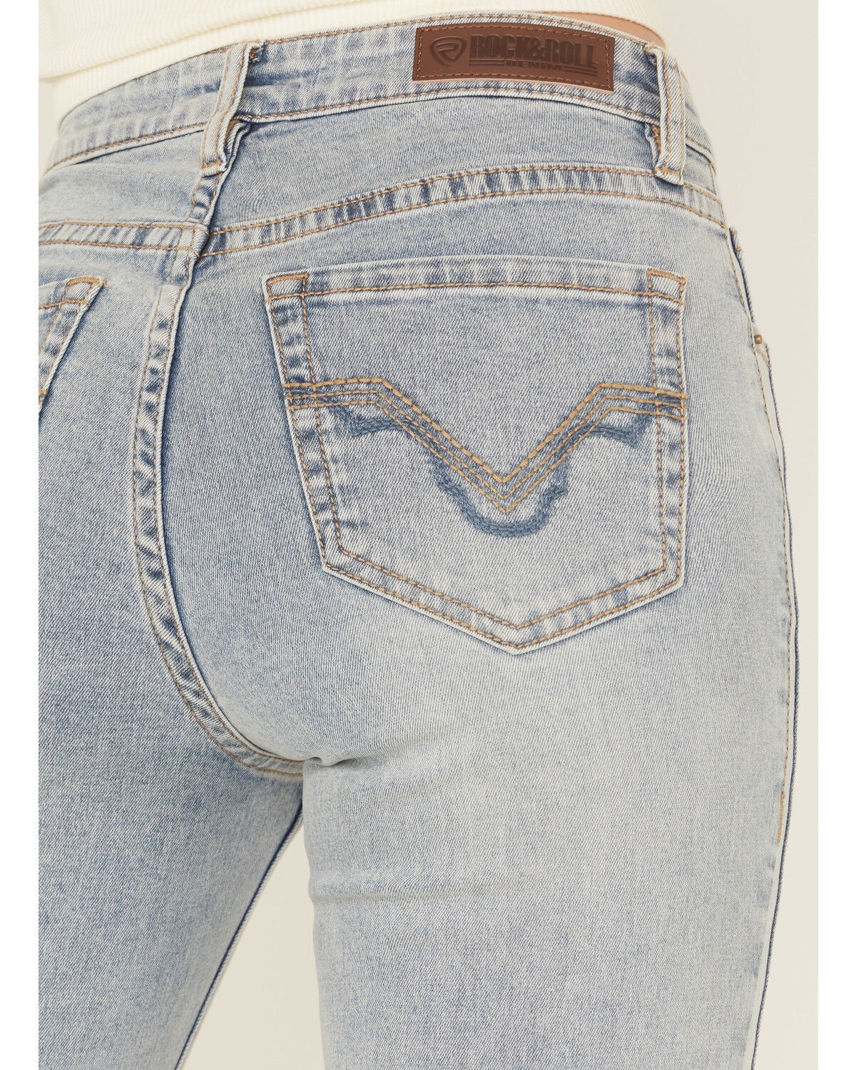 Image #2 - Rock & Roll Denim Women's Light Wash Mid Rise Two Toned Modest Bootcut Stretch Denim Jeans, Light Wash, hi-res