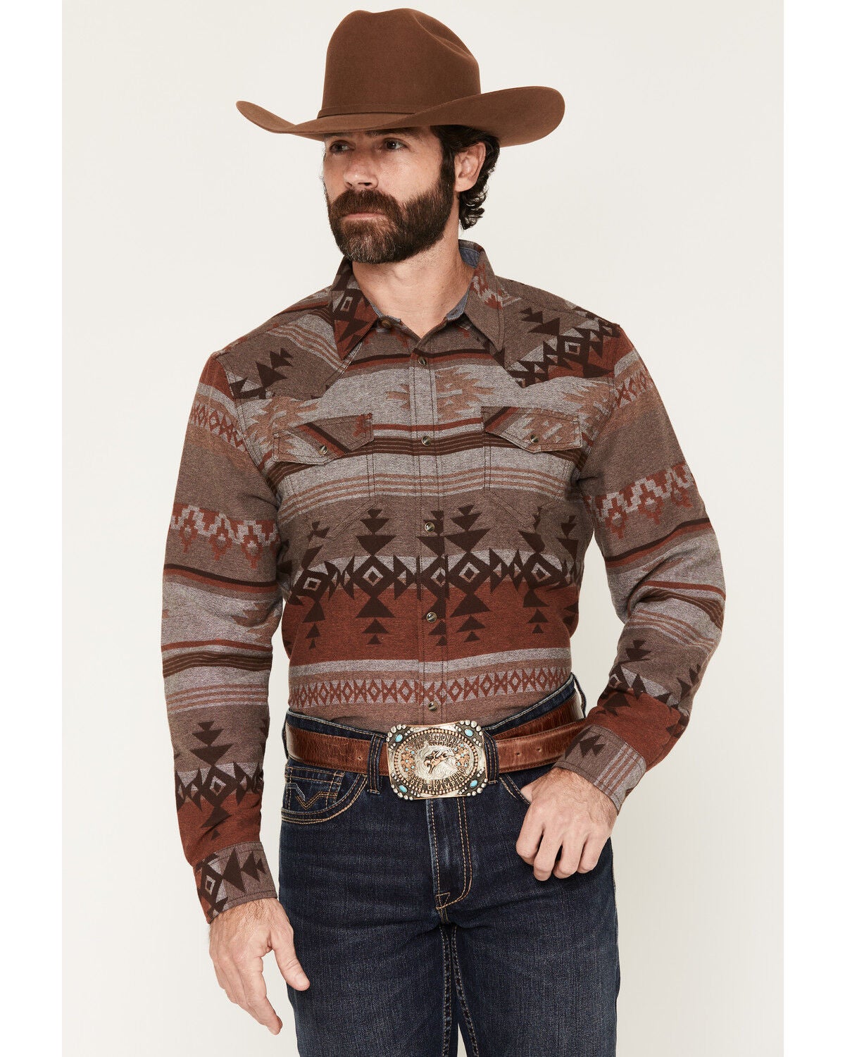Cody James Men's Skullywag Southwestern Print Long Sleeve Snap Western Shirt, Bark, hi-res