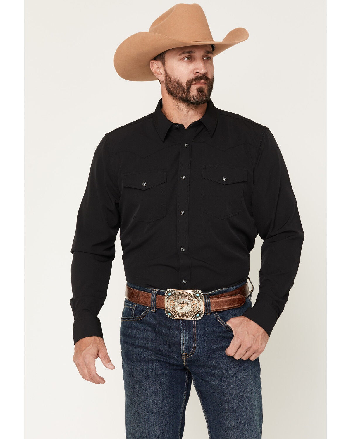 Image #1 - RANK 45&reg; Remming Solid Rodeo Tech 2.0 Long Sleeve Snap Stretch Performance Shirt, Black, hi-res