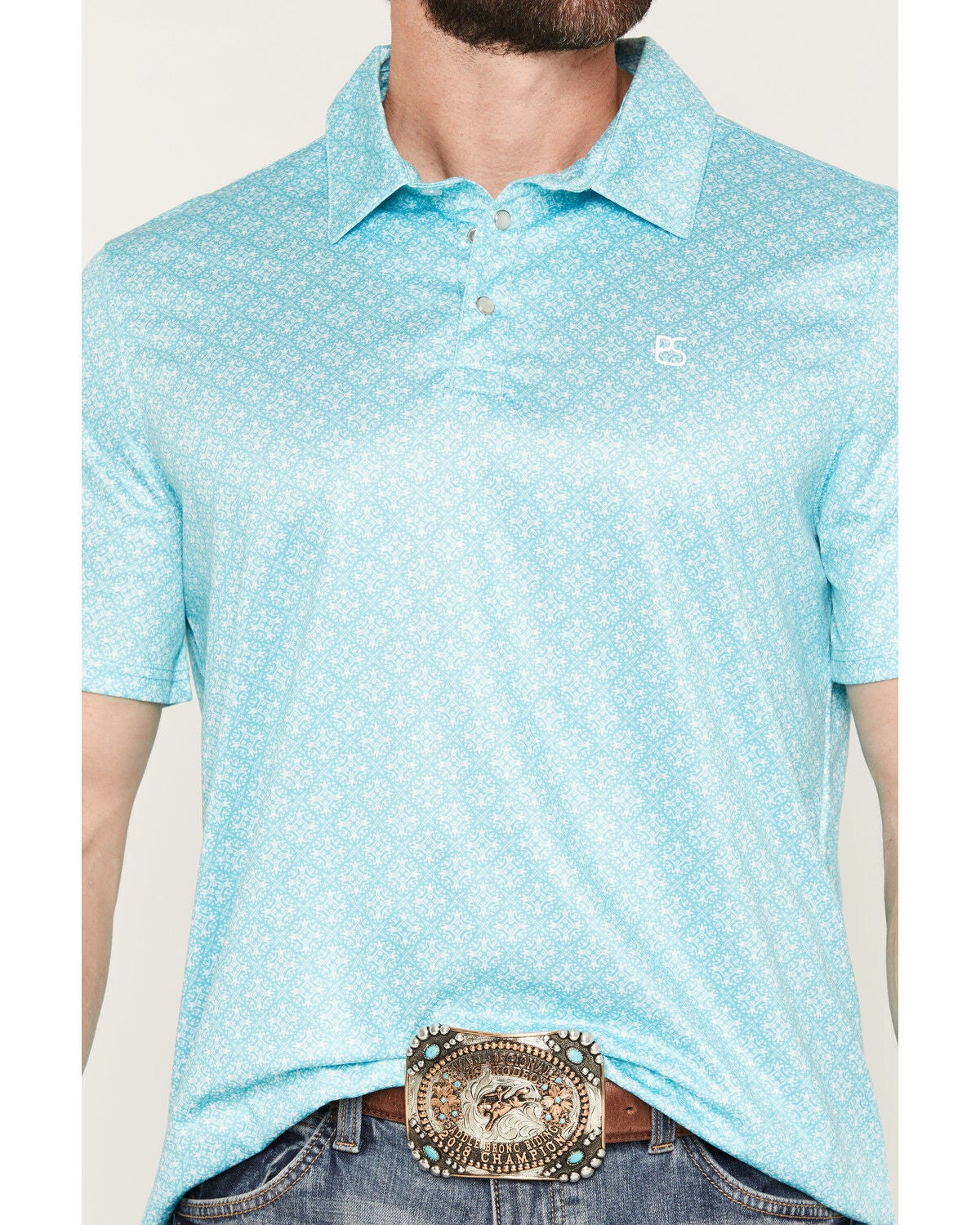 Image #3 - Panhandle Slim Men's Medallion Print Short Sleeve Pearl Snap Performance Polo, Turquoise, hi-res