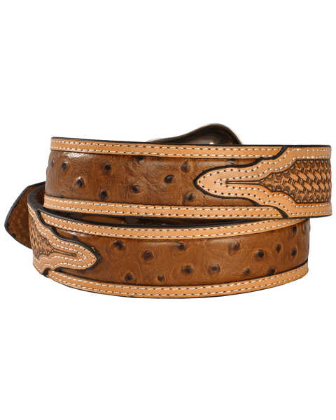 Nocona Basketweave Ostrich Print Leather Belt, Cognac, hi-res