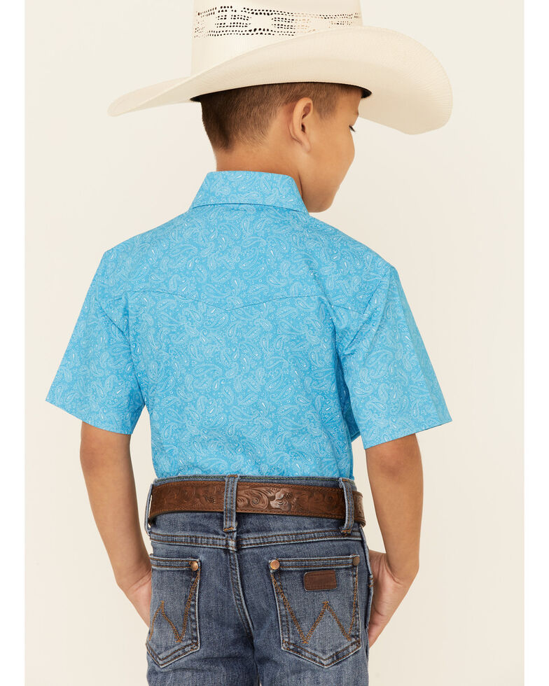 Ely Walker Boys' Turquoise Paisley Print Short Sleeve Snap Western Shirt , Turquoise, hi-res