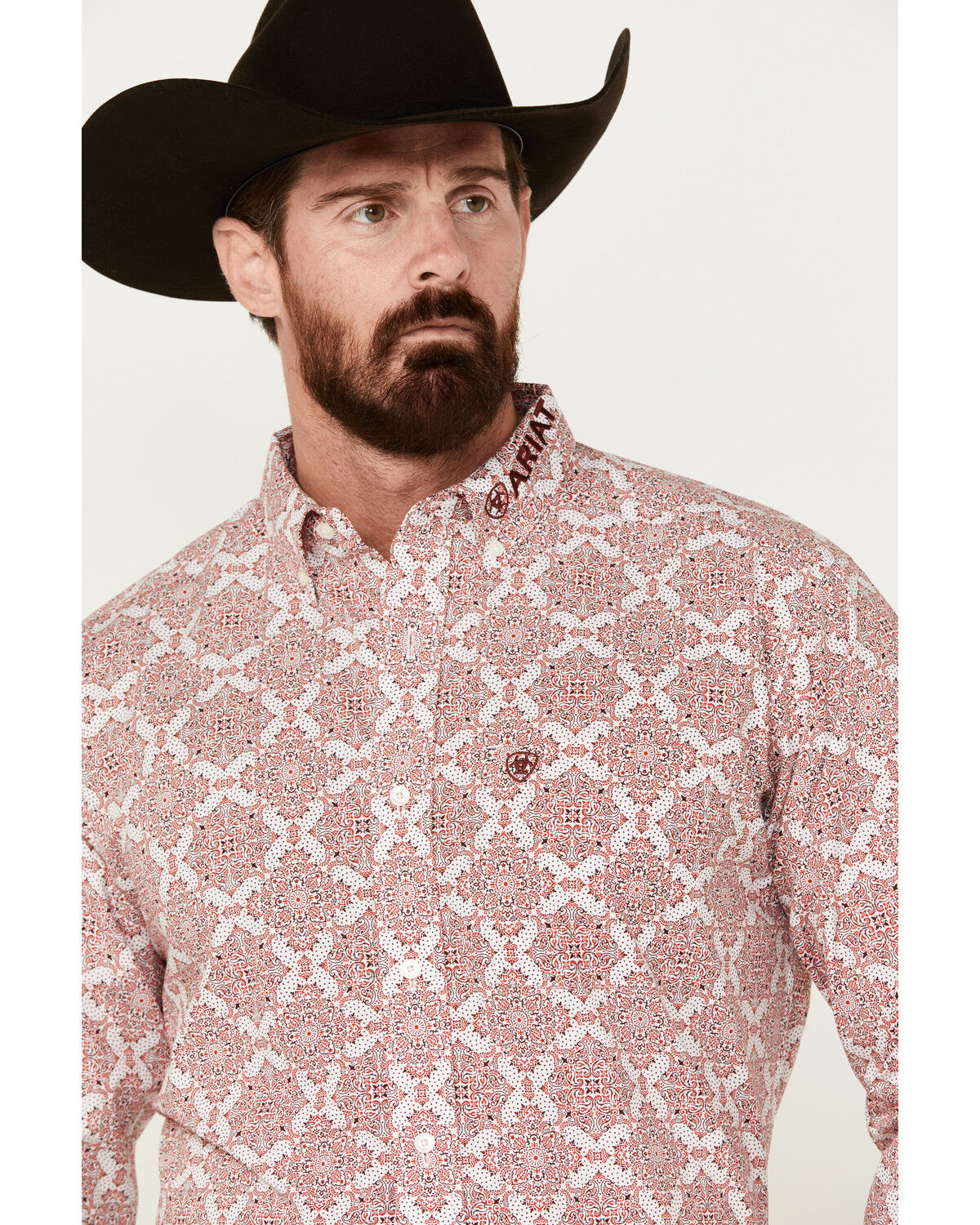 Image #2 - Ariat Men's Boot Barn Exclusive Clifford Logo Twill Medallion Long Sleeve Button-Down Western Shirt, Red, hi-res