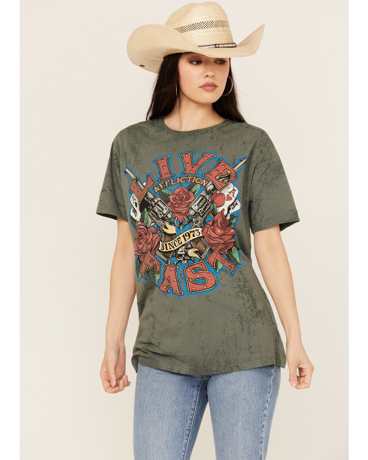 Image #1 - Affliction Women's Live Fast Studded Short Sleeve Graphic Tee, Grey, hi-res