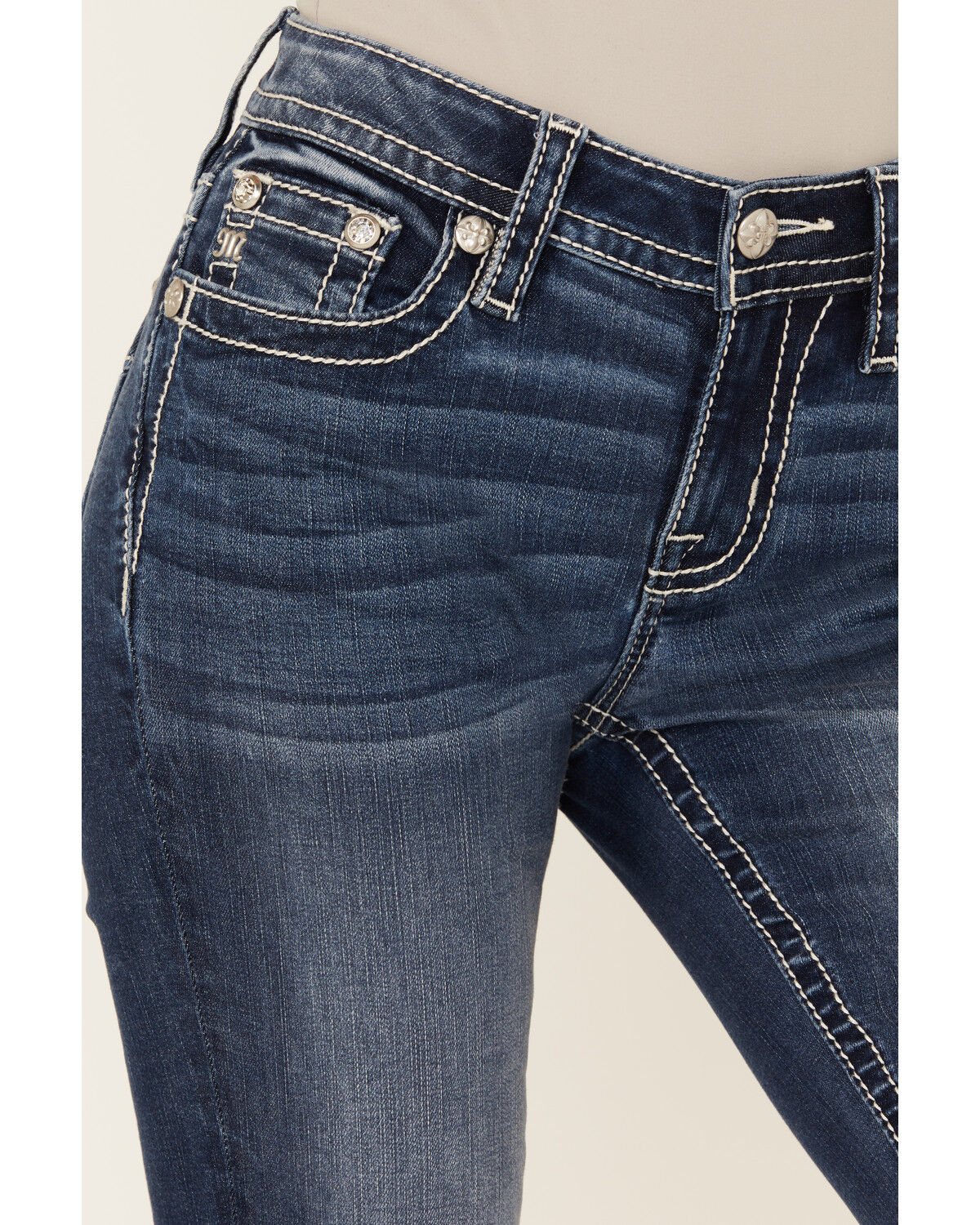 Image #4 - Miss Me Women's Dark Wash Mid Rise Winged Pocket Bootcut Stretch Denim Jeans, Dark Wash, hi-res