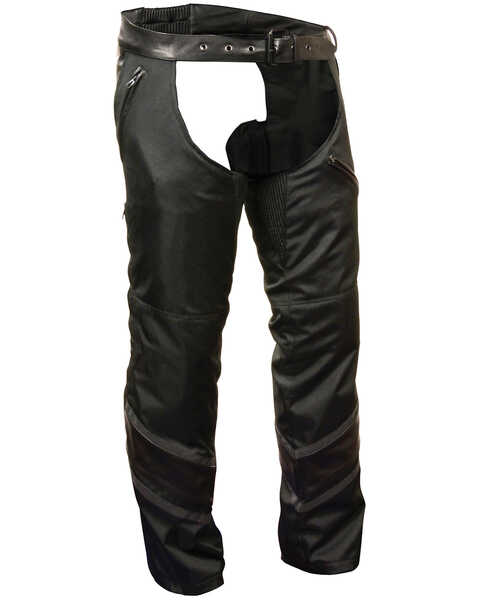 Milwaukee Leather Men's Leather Trim Snap Out Liner Vented Textile Chaps, Black, hi-res