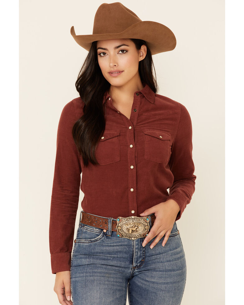 Shyanne Women's Chocolate Corduroy Long Sleeve Snap Western Core Shirt , Chocolate, hi-res