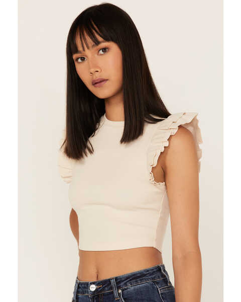 Image #3 - Shyanne Women's Ribbed Ruffle Crop Top, Sand, hi-res
