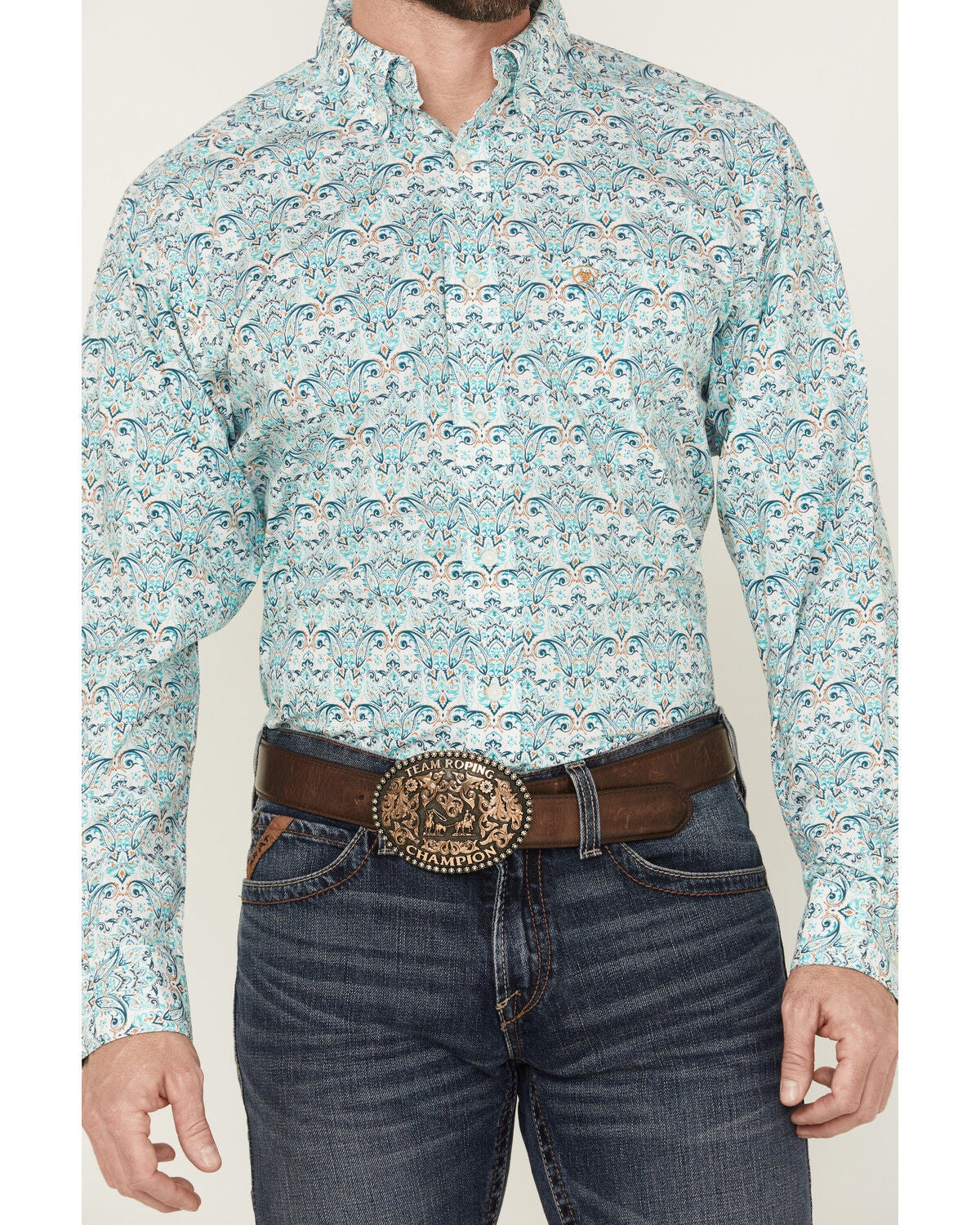 Image #3 - Ariat Men's Jerome Paisley Print Long Sleeve Button-Down Western Shirt, Teal, hi-res