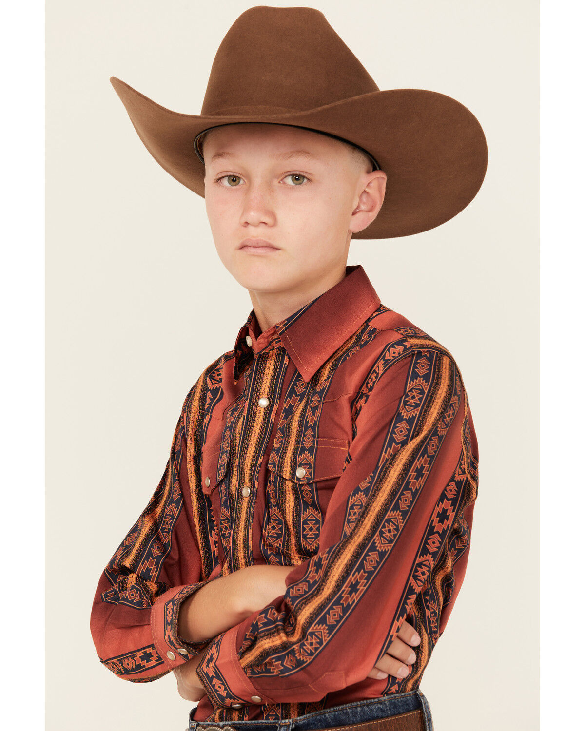 Image #2 - Wrangler Boys' Southwestern Striped Long Sleeve Pearl Snap Western Shirt, Rust Copper, hi-res